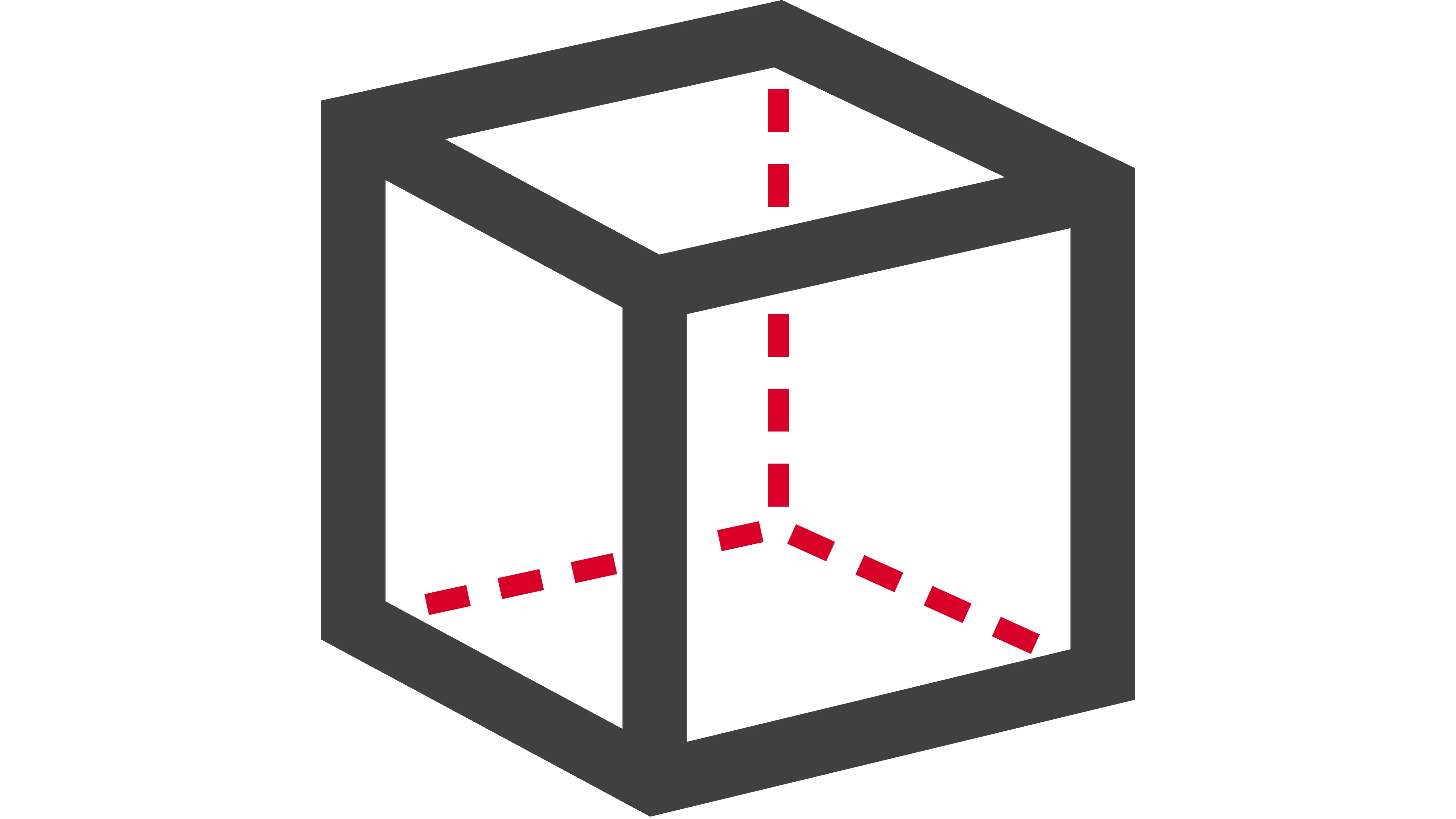 Icon eines transparenten Würfels mit schwarzen Kanten. Drei innere Kanten sind als rote gestrichelte Linien dargestellt, um räumliche Tiefe zu zeigen.