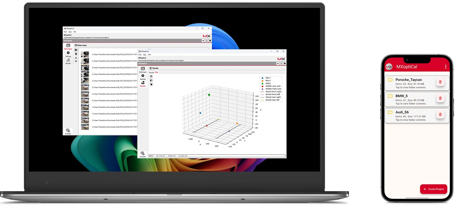 Ein Laptop mit zwei geöffneten Fenstern: eines zeigt eine Dateiliste mit Pfaden, das andere ein 3D-Diagramm mit farbigen Punkten und Achsenbeschriftungen. Daneben ein Smartphone mit geöffneter App ‚MXoptCal‘, die drei Einträge anzeigt: ‚Porsche_Taycan‘, ‚BMW_i5‘ und ‚Audi_S6‘, jeweils mit Datum, Uhrzeit und Papierkorb-Symbol.