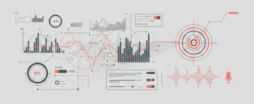 Alttext-Vorschlag (sachlich & barrierefrei):
Keyvisual zum neuen MX-Software-Release von MdynamiX: Abstrakte Datenvisualisierung mit Diagrammen, KPIs, Zielscheiben-Symbol und Audio-Wellenform in Grau- und Rottönen, die Präzision, Auswertung und Benutzerfreundlichkeit symbolisieren.
