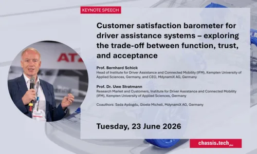Ankündigungsgrafik der chassis.tech plus 2026 für einen Keynote-Vortrag am 23. Juni 2026. Links ein Foto von Prof. Bernhard Schick, der mit einem Mikrofon spricht. Rechts der Vortragstitel: „Customer satisfaction barometer for driver assistance systems – exploring the trade-off between function, trust, and acceptance". Als Referenten sind Prof. Bernhard Schick (Head of Institute for Driver Assistance and Connected Mobility, Hochschule Kempten, und CEO der MdynamiX AG) sowie Prof. Dr. Uwe Stratmann (Research Market and Customers, IFM, Hochschule Kempten) genannt. Koautoren: Seda Aydogdu und Gioele Micheli, MdynamiX AG.