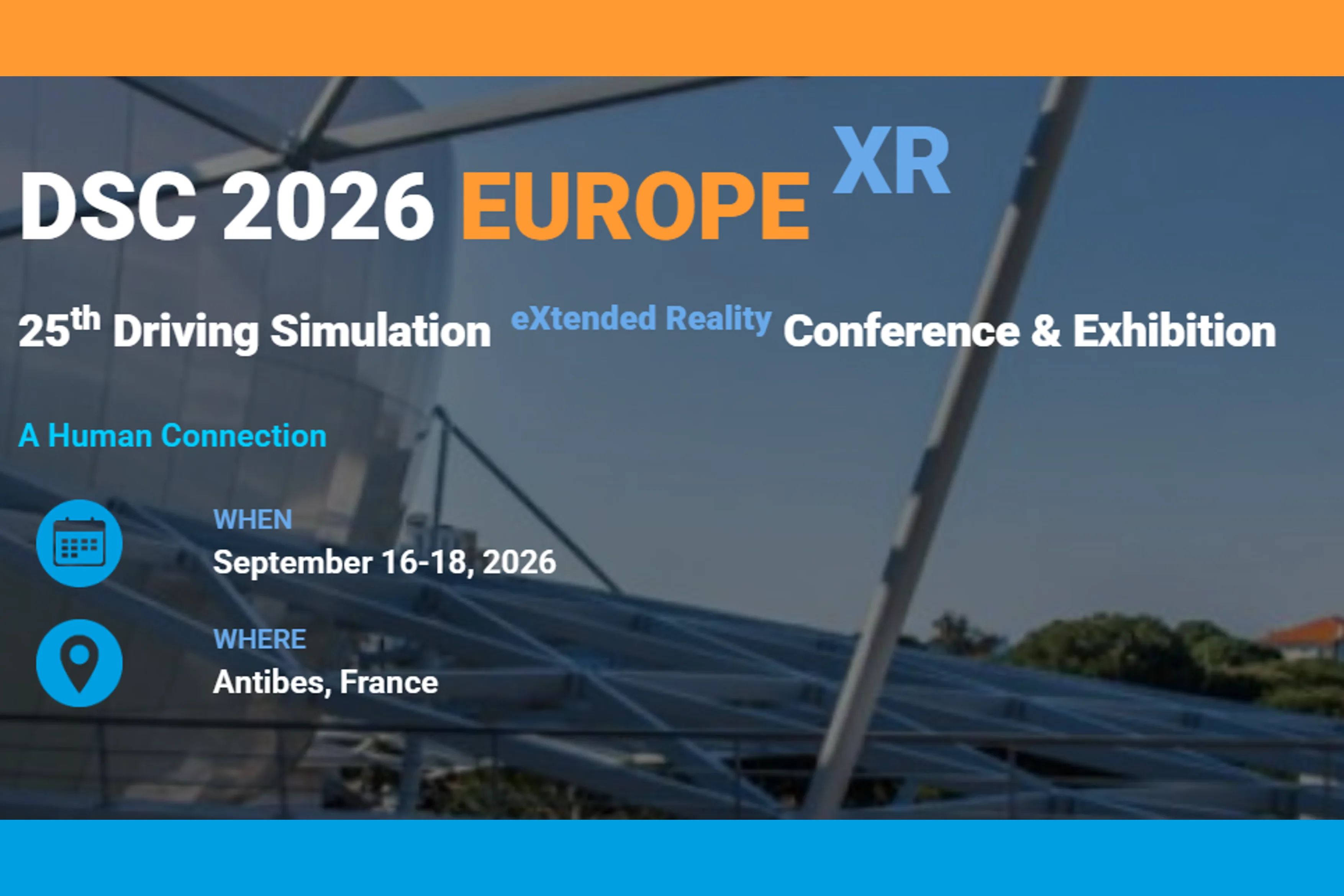 Veranstaltungsbanner der Driving Simulation Conference Europe 2026. MdynamiX nimmt an der Fachmesse teil.