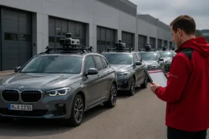 CoP-Test: Reihe identischer Testfahrzeuge mit Sensor-Messtechnik auf dem Dach vor einer Werkshalle, im Vordergrund ein MdynamiX-Mitarbeiter mit Tablet, der eine Prüfliste kontrolliert.