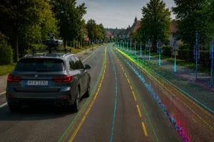 Ground-Truth-Mapping: Testfahrzeug mit Sensor-Messtechnik auf dem Dach befährt eine Straße, überlagert mit einer farbigen Punktwolke, die Fahrbahnmarkierungen, Verkehrsschilder, Gebäude und Bäume als digitalisierte Referenzdaten erfasst.