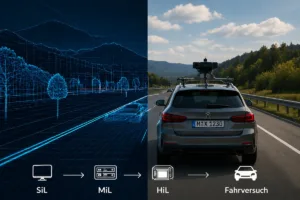 V/V-Absicherung von der Simulation bis zum Fahrversuch: Grafik zeigt den Übergang von digitaler Streckensimulation zu einem realen Testfahrzeug mit Sensor-Messtechnik, mit den Teststufen SiL, MiL, HiL und Fahrversuch.